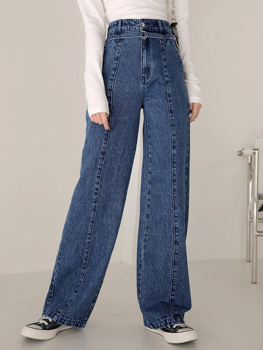 CM-BS988392 Women Casual Seoul Style Dark Wash High Waist Wide Leg Jeans