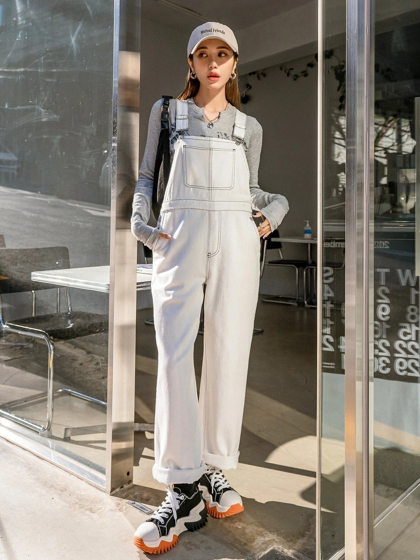 CM-JS522775 Women Preppy Seoul Style Slant Pockets Top-Stitching Denim Overalls - White