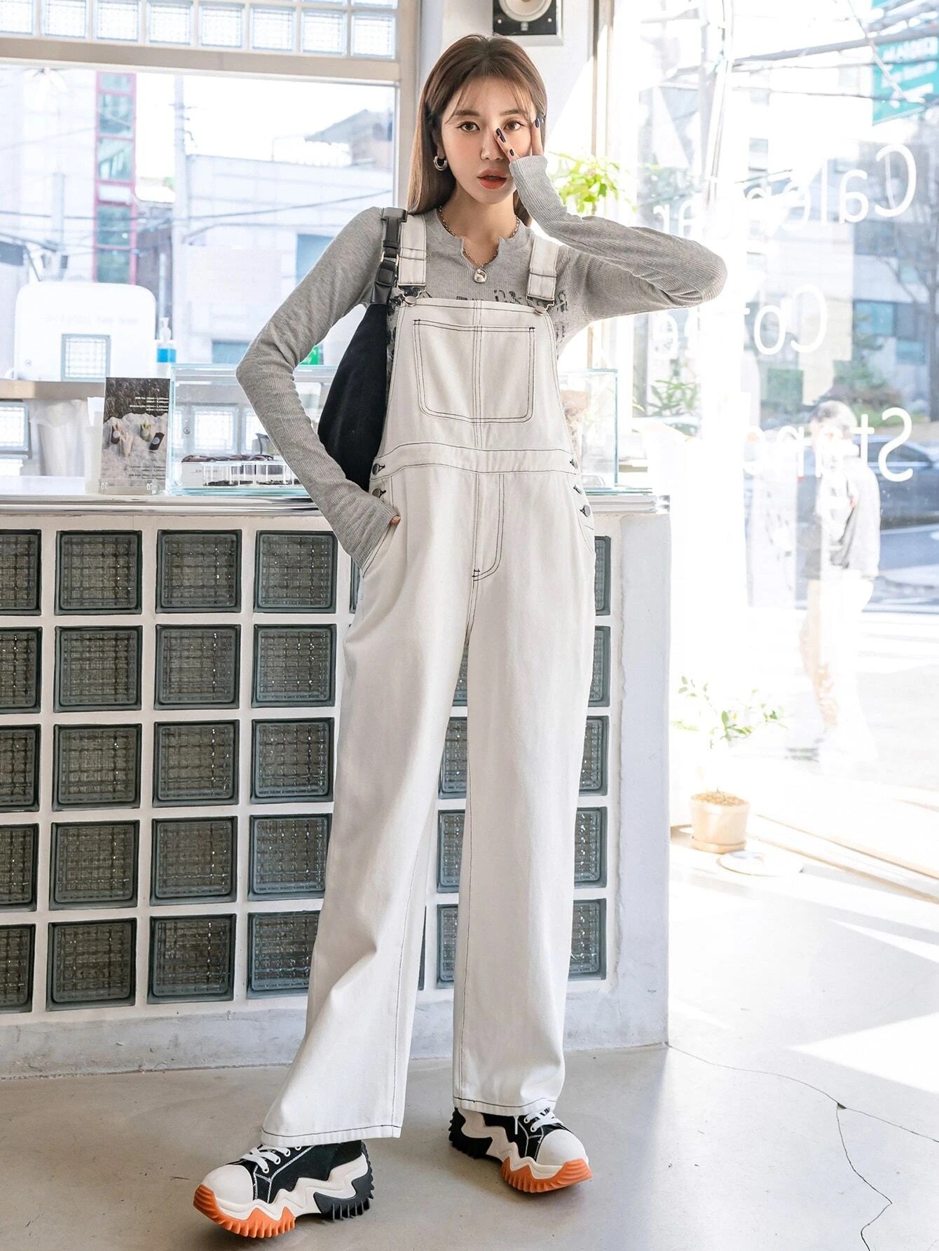 CM-JS522775 Women Preppy Seoul Style Slant Pockets Top-Stitching Denim Overalls - White