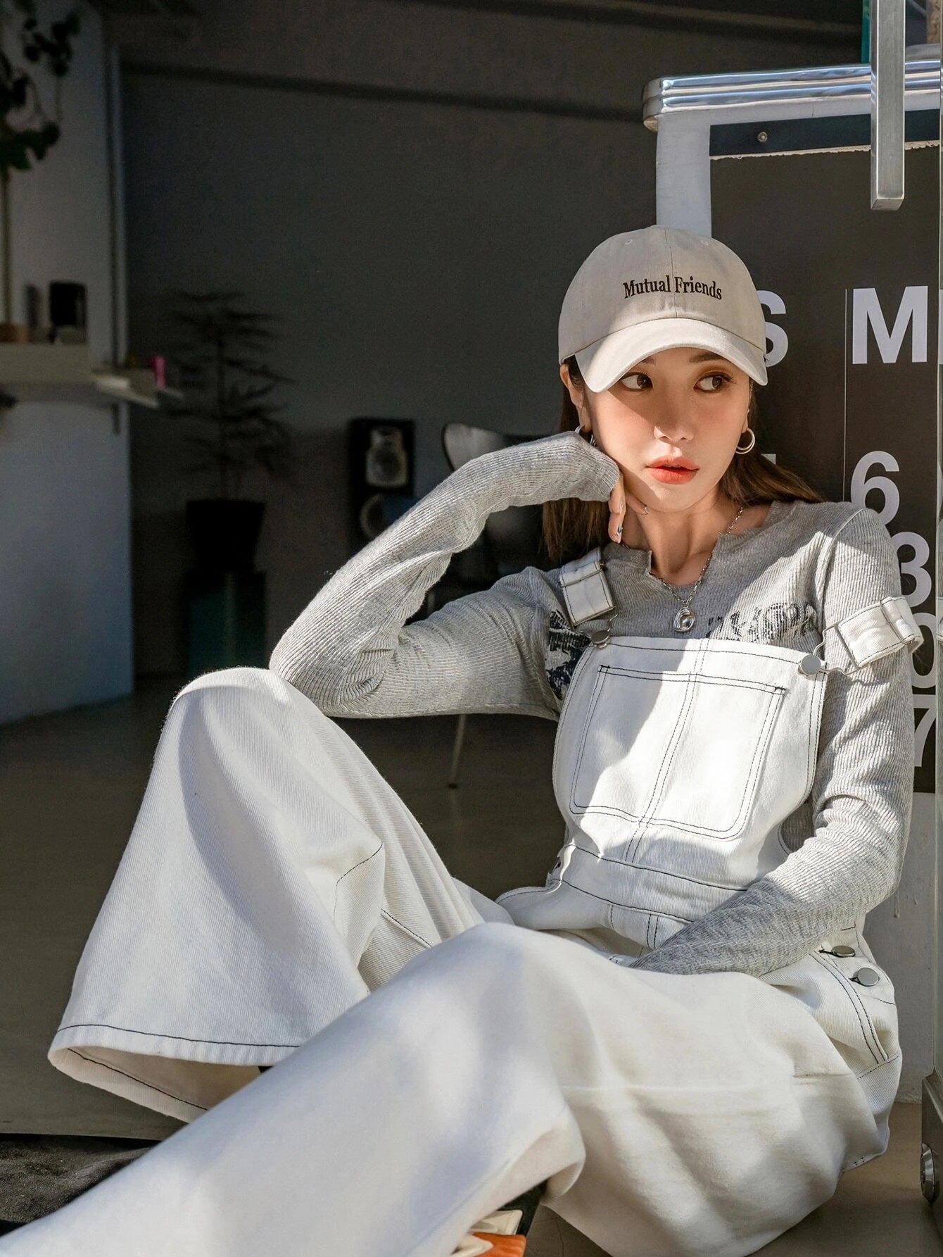 CM-JS522775 Women Preppy Seoul Style Slant Pockets Top-Stitching Denim Overalls - White