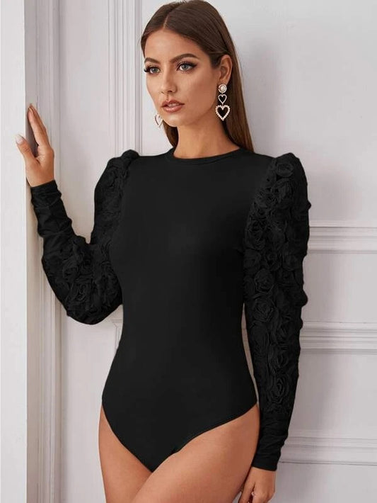 CM-TS424634 Women Elegant Seoul Style 3D Floral Applique Lantern Sleeve Form Fitted Bodysuit