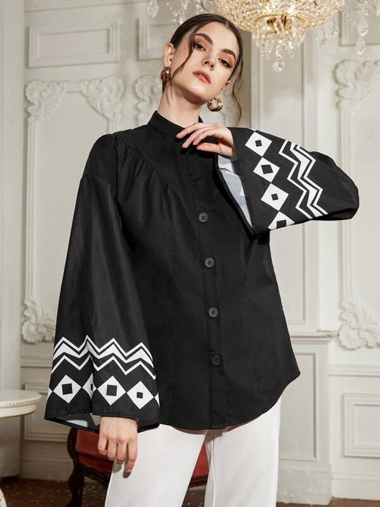 CM-TS608626 Women Elegant Seoul Style Mock Neck Geometric Print Flounce Sleeve Blouse