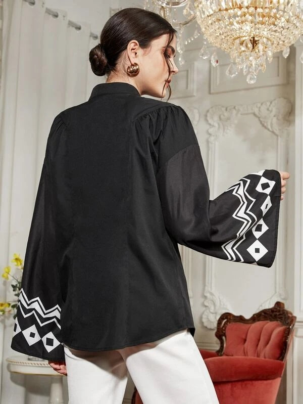 CM-TS608626 Women Elegant Seoul Style Mock Neck Geometric Print Flounce Sleeve Blouse