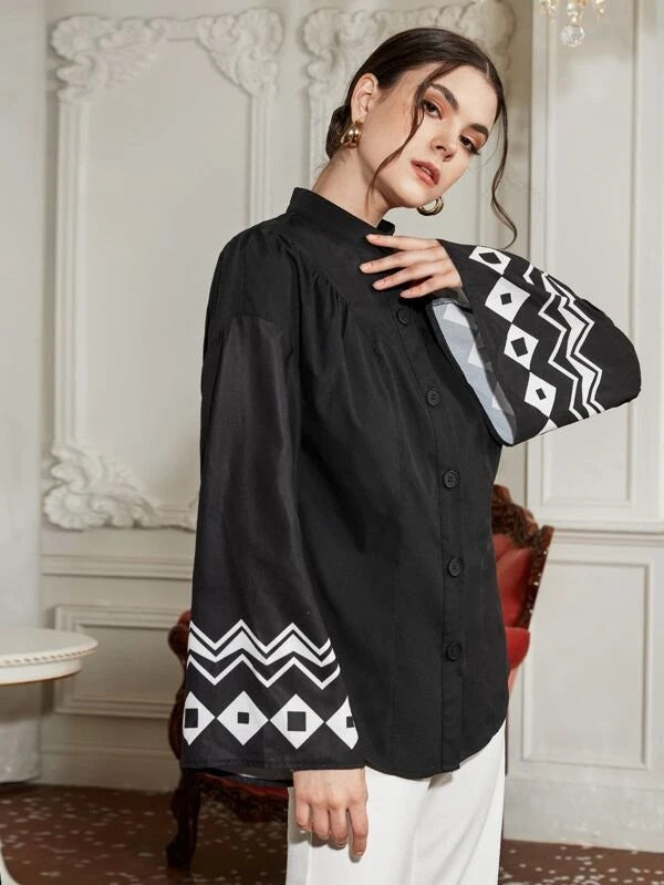 CM-TS608626 Women Elegant Seoul Style Mock Neck Geometric Print Flounce Sleeve Blouse