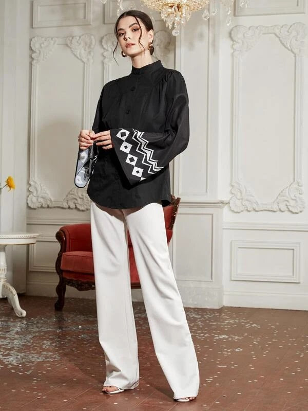 CM-TS608626 Women Elegant Seoul Style Mock Neck Geometric Print Flounce Sleeve Blouse