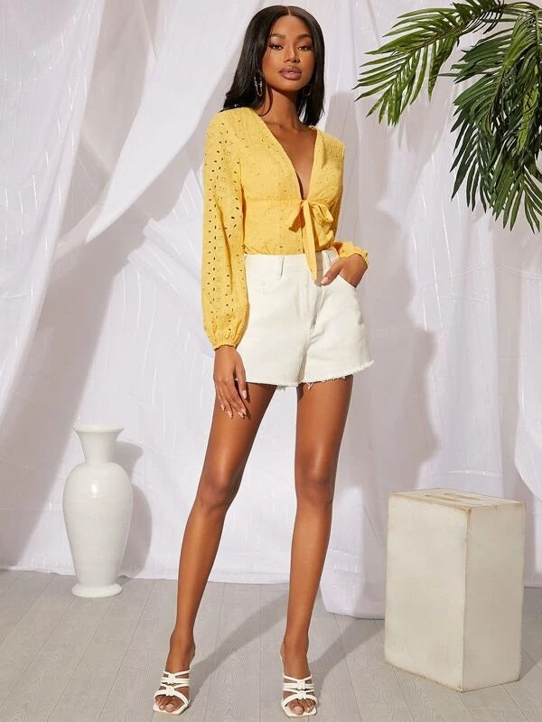 CM-TS486864 Women Trendy Bohemian Style Long Sleeve Tie Front Schiffy Bodysuit - Yellow