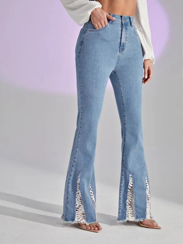 CM-BS206096 Women Casual Seoul Style High Waist Contrast Lace Flare Leg Jeans