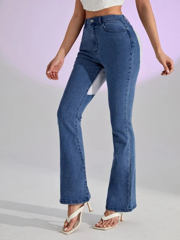 CM-BS951535 Women Casual Seoul Style Colorblock Panel Flared Leg Jeans