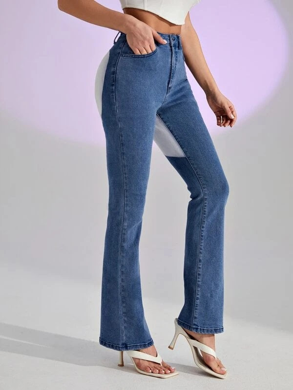 CM-BS951535 Women Casual Seoul Style Colorblock Panel Flared Leg Jeans