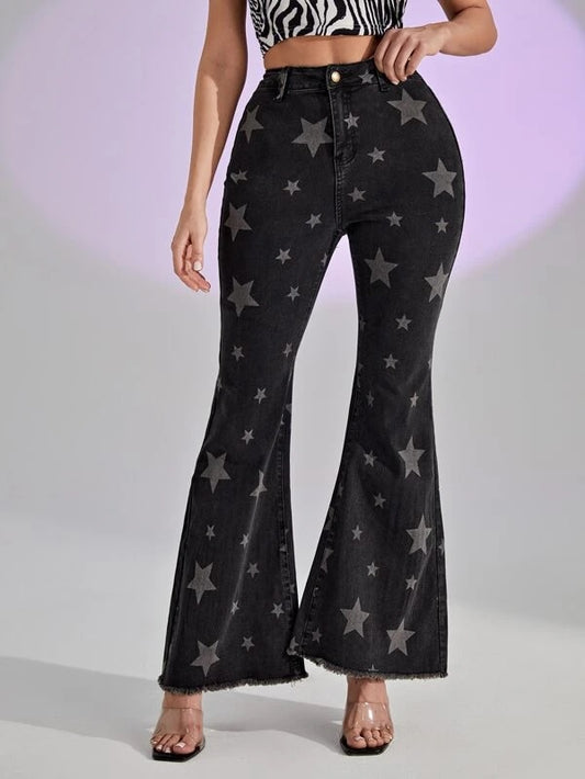 CM-BS255666 Women Casual Seoul Style Star Print Raw Hem Flare Leg Jeans - Black