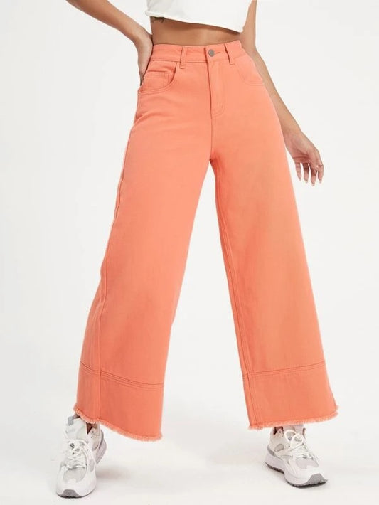 CM-BS265389 Women Preppy Seoul Style High Waist Wide Leg Jeans - Coral Orange