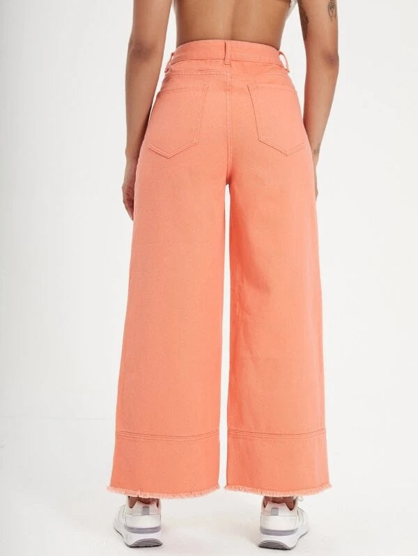 CM-BS265389 Women Preppy Seoul Style High Waist Wide Leg Jeans - Coral Orange