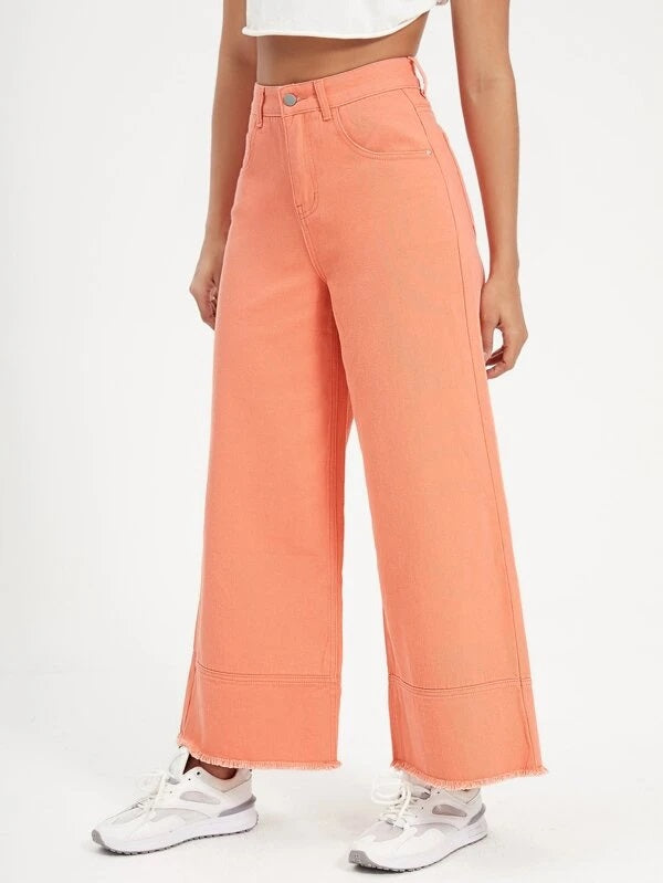 CM-BS265389 Women Preppy Seoul Style High Waist Wide Leg Jeans - Coral Orange