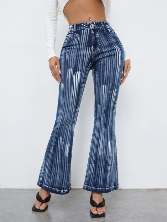 CM-BS828990 Women Casual Seoul Style High Waist Striped Print Flare Leg Jeans