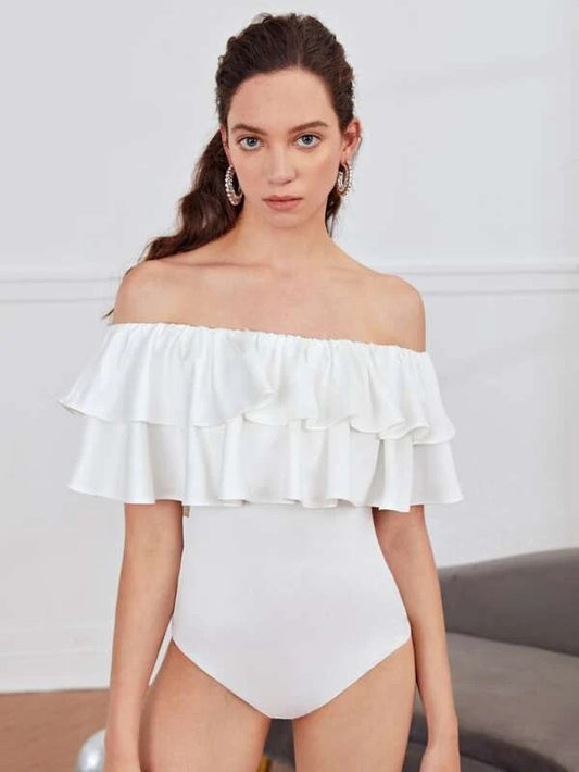 CM-TS679651 Women Casual Seoul Style Off The Shoulder Ruffle Trim Bodysuit - White