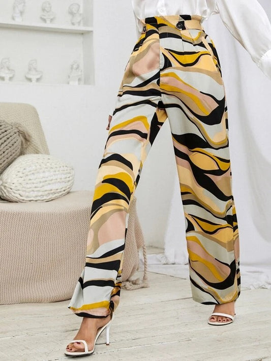 CM-BS241271 Women Casual Seoul Style Allover Print Paperbag Waist Pants