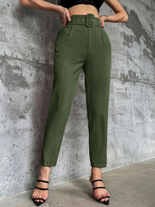 CM-BS097079 Women Elegant Seoul Style High Waist Solid Belted Tapered Pants - Army Green