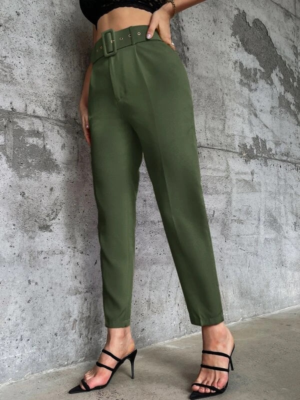 CM-BS097079 Women Elegant Seoul Style High Waist Solid Belted Tapered Pants - Army Green