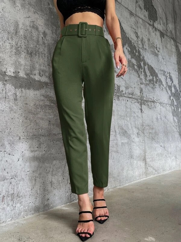 CM-BS097079 Women Elegant Seoul Style High Waist Solid Belted Tapered Pants - Army Green