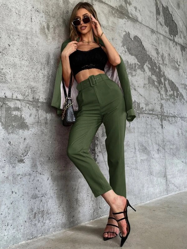 CM-BS097079 Women Elegant Seoul Style High Waist Solid Belted Tapered Pants - Army Green