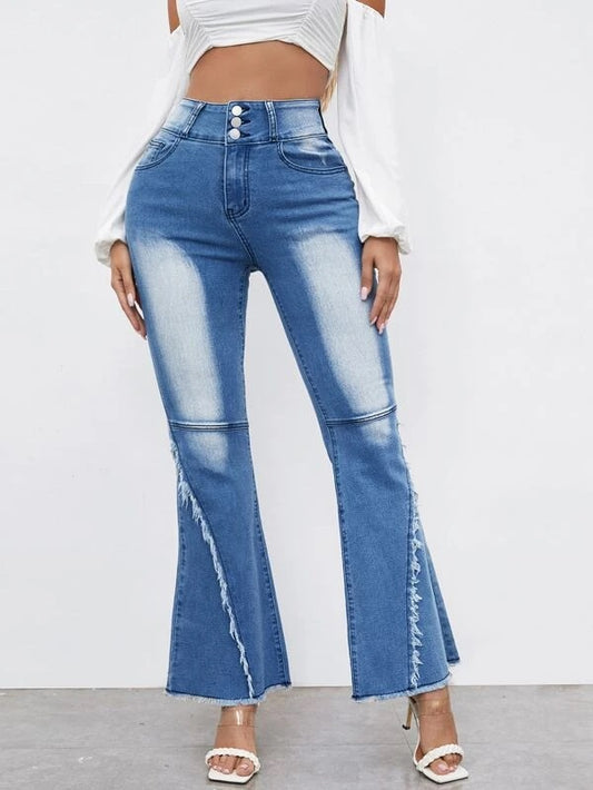 CM-BS904039 Women Casual Seoul Style High Waist Ripped Raw Hem Flare Leg Jeans