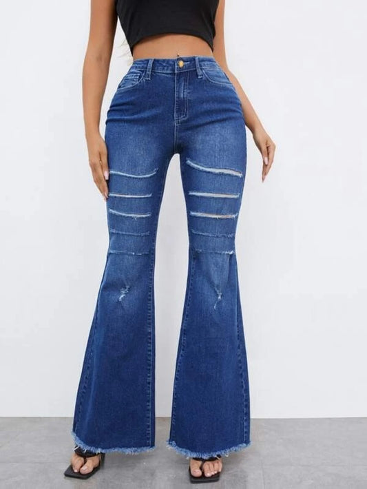 CM-BS483332 Women Casual Seoul Style High Waisted Raw Hem Ripped Flare Leg Jeans