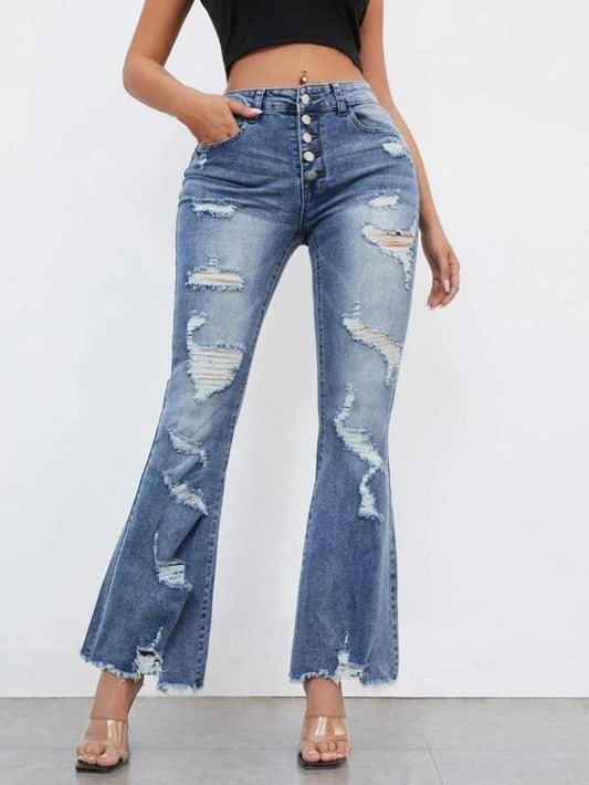 CM-BS121321 Women Casual Seoul Style Ripped Raw Hem Flare Leg Jeans