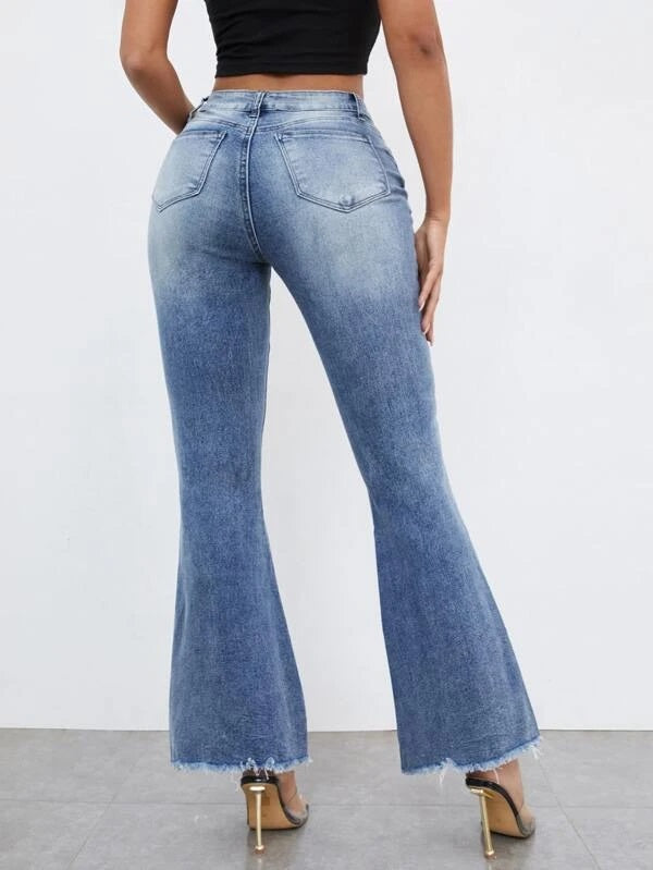 CM-BS121321 Women Casual Seoul Style Ripped Raw Hem Flare Leg Jeans