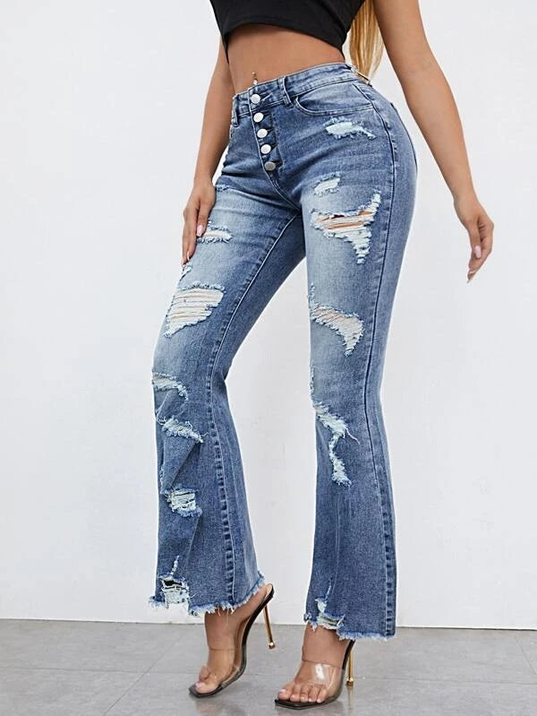 CM-BS121321 Women Casual Seoul Style Ripped Raw Hem Flare Leg Jeans