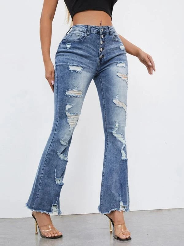 CM-BS121321 Women Casual Seoul Style Ripped Raw Hem Flare Leg Jeans