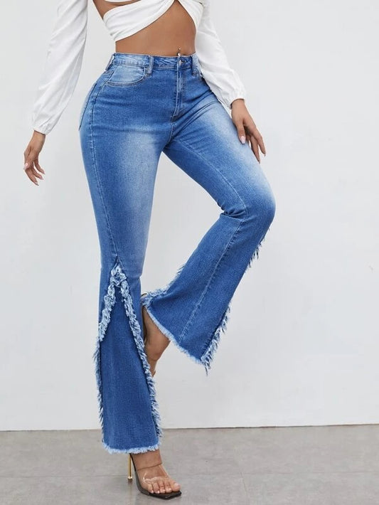 CM-BS963277 Women Casual Seoul Style Raw Trim Flared Leg High Waist Jeans