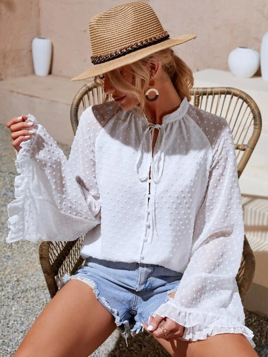 CM-TS722804 Women Trendy Bohemian Style Tie Neck Frilled Pearl Beaded Chiffon Blouse