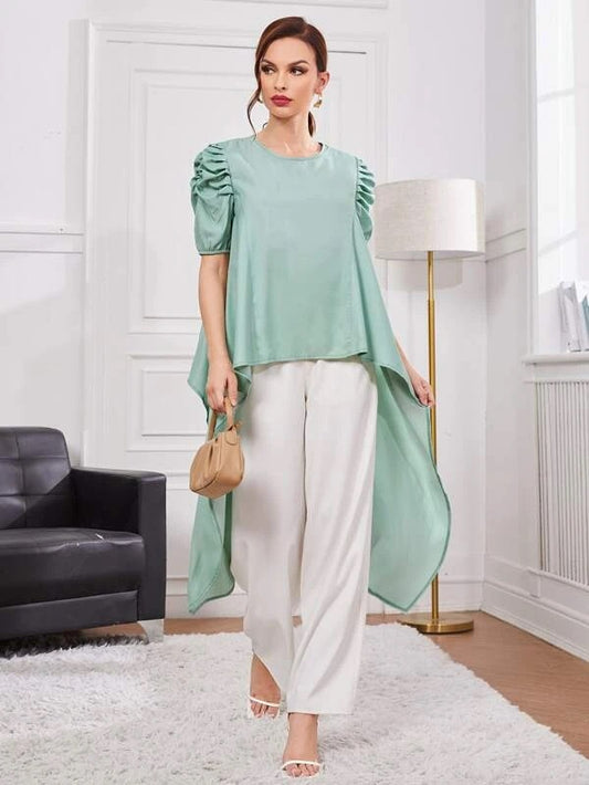 CM-TS914566 Women Casual Seoul Style Ruched Puff Sleeve High Low Hem Blouse
