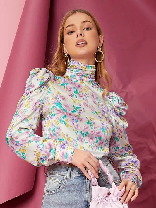 CM-TS410065 Women Elegant Seoul Style Long Sleeve Floral High Neck Blouse