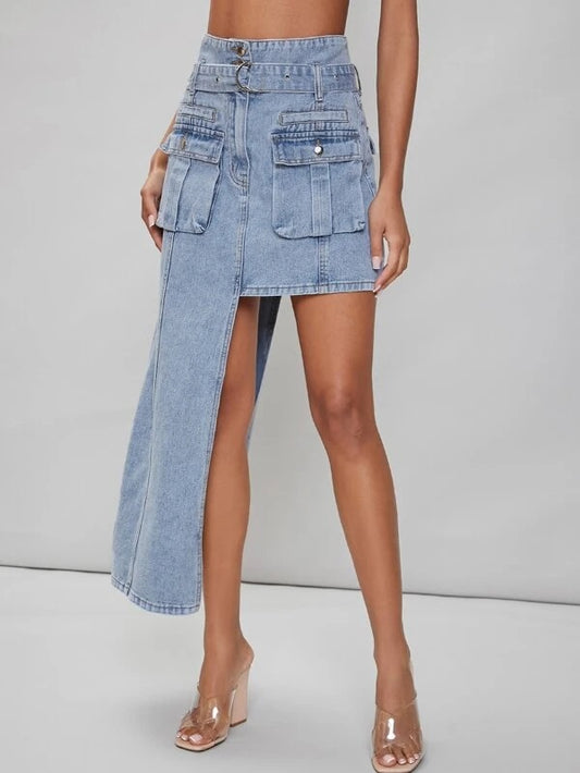 CM-BS122699 Women Casual Seoul Style High Waist Asymmetrical Hem Belted Denim Skirt