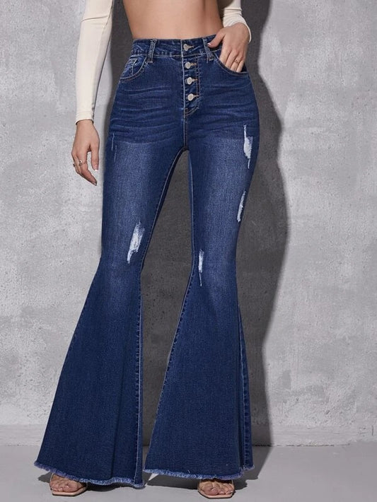 CM-BS441134 Women Casual Seoul Style High Waist Ripped Raw Hem Flare Jeans