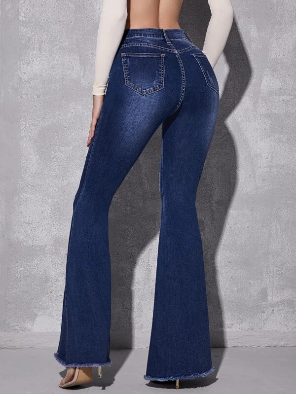 CM-BS441134 Women Casual Seoul Style High Waist Ripped Raw Hem Flare Jeans