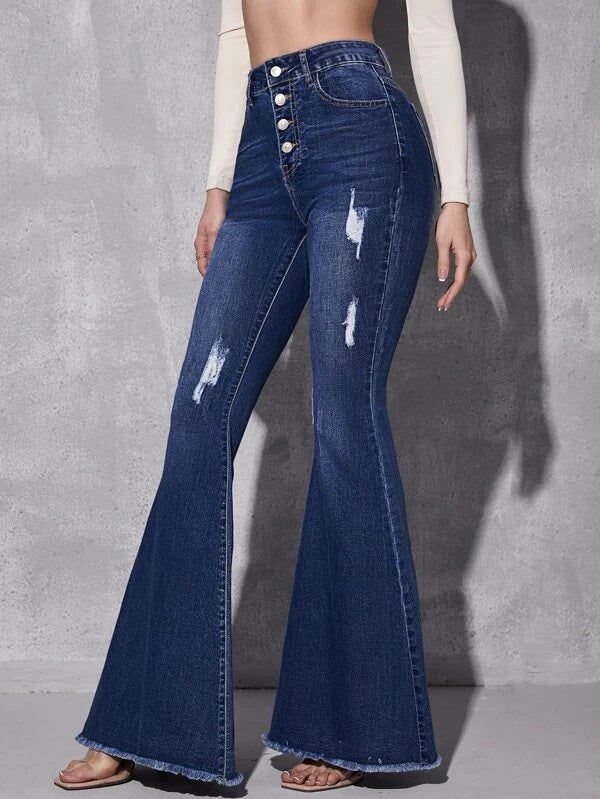 CM-BS441134 Women Casual Seoul Style High Waist Ripped Raw Hem Flare Jeans