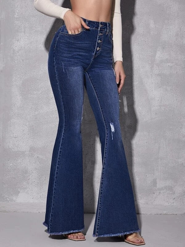 CM-BS441134 Women Casual Seoul Style High Waist Ripped Raw Hem Flare Jeans