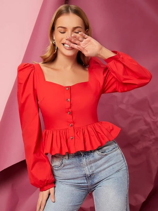 CM-TS026806 Women Elegant Seoul Style Lantern Sleeve Sweetheart Neck Peplum Top