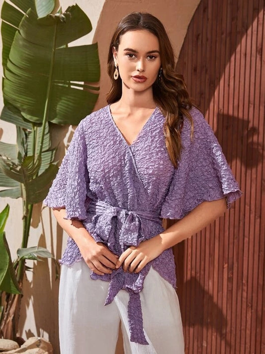 CM-TS383823 Women Casual Seoul Style Solid Flounce Sleeve Belted Blouse - Purple