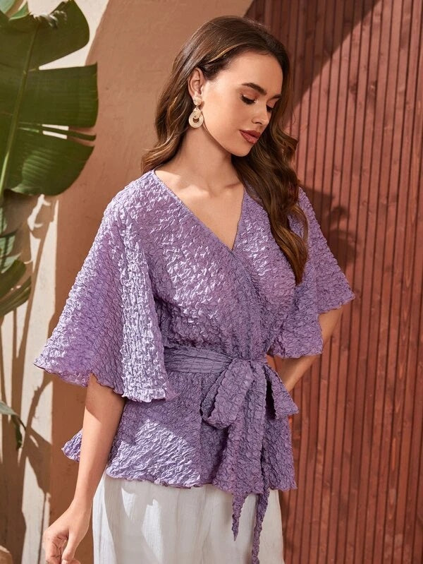 CM-TS383823 Women Casual Seoul Style Solid Flounce Sleeve Belted Blouse - Purple