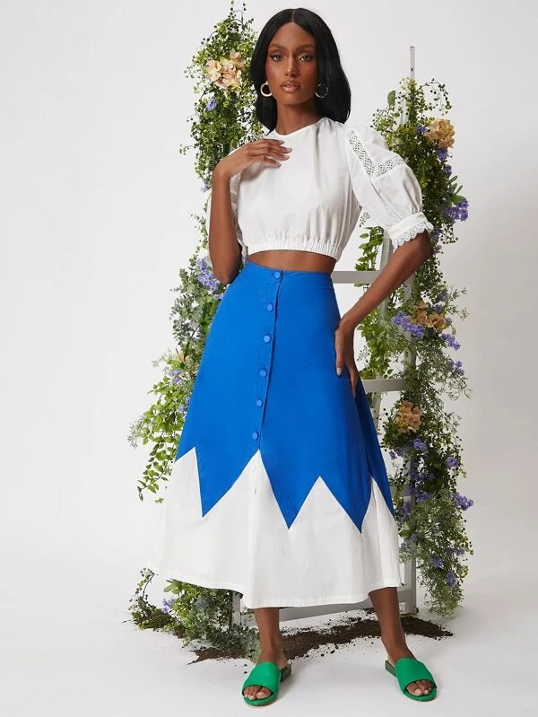 CM-BS080300 Women Casual Seoul Style High Waist Colorblock Button Up Skirt