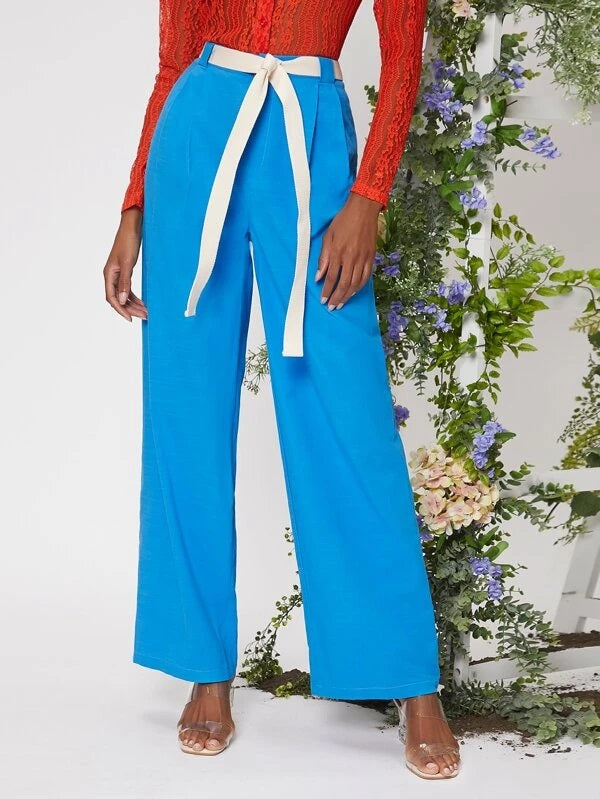 CM-BS537222 Women Elegant Seoul Style High Waist Straight Leg Belted Pants - Blue