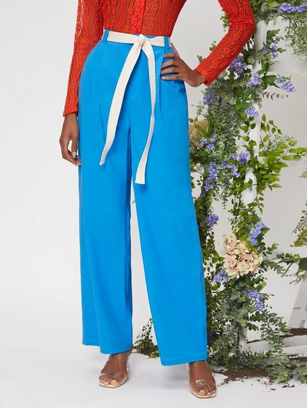 CM-BS537222 Women Elegant Seoul Style High Waist Straight Leg Belted Pants - Blue