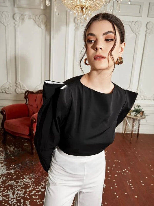 CM-TS052238 Women Elegant Seoul Style Keyhole Back Gigot Sleeve Top - Black