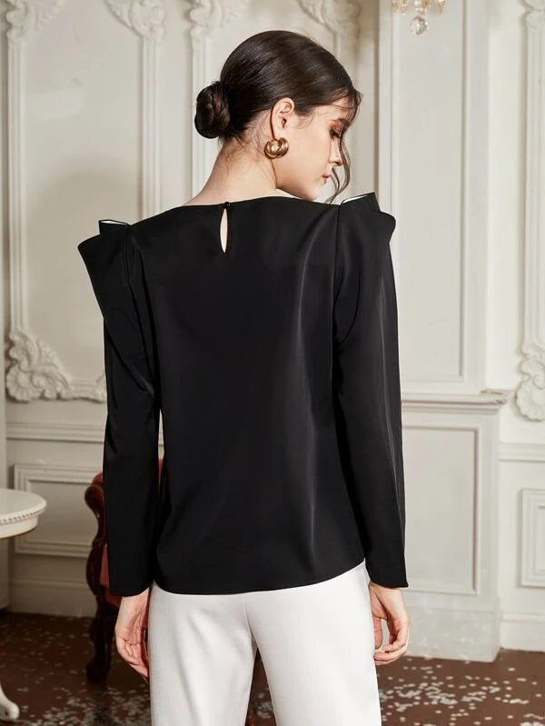 CM-TS052238 Women Elegant Seoul Style Keyhole Back Gigot Sleeve Top - Black