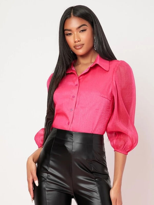 CM-TS878861 Women Elegant Seoul Style Sheer Lantern Sleeve Single Breasted Blouse