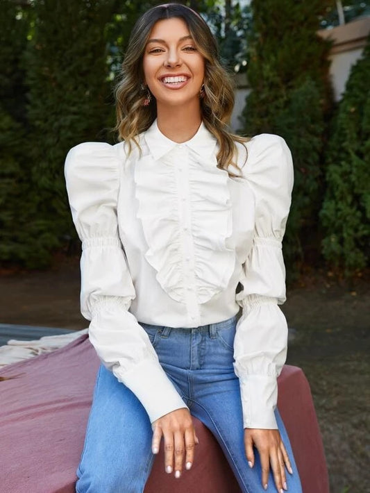 CM-TS211551 Women Elegant Seoul Style Collar Neckline Gigot Sleeve Ruffle Trim Blouse - White