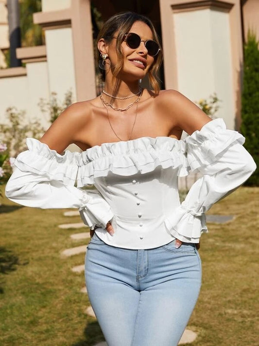 CM-TS014565 Women Casual Seoul Style Off Shoulder Ruffle Trim Buttoned Front Top